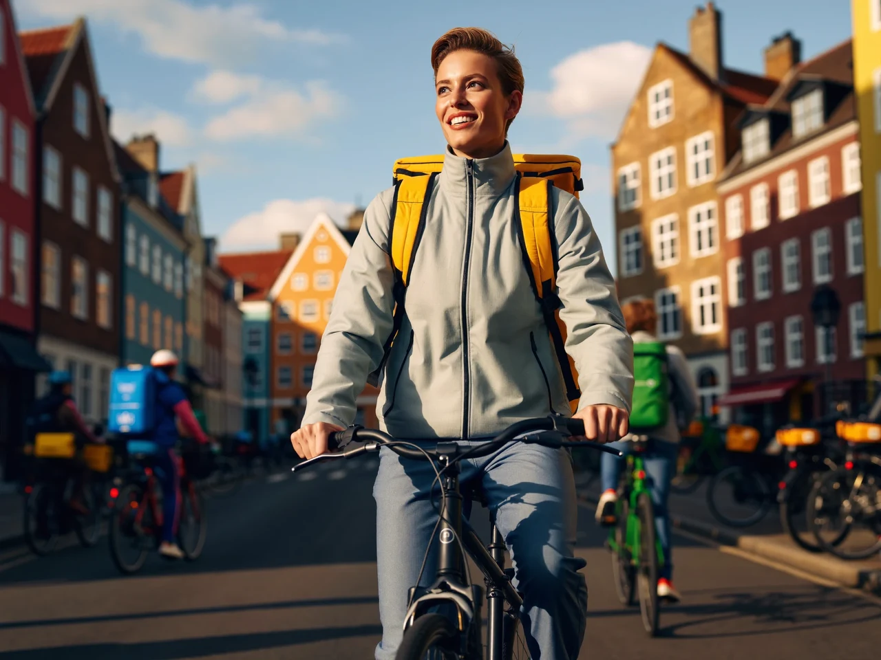 Kurér på cykel med isoleret rygsæk på en dansk bygade ved gyldent lys