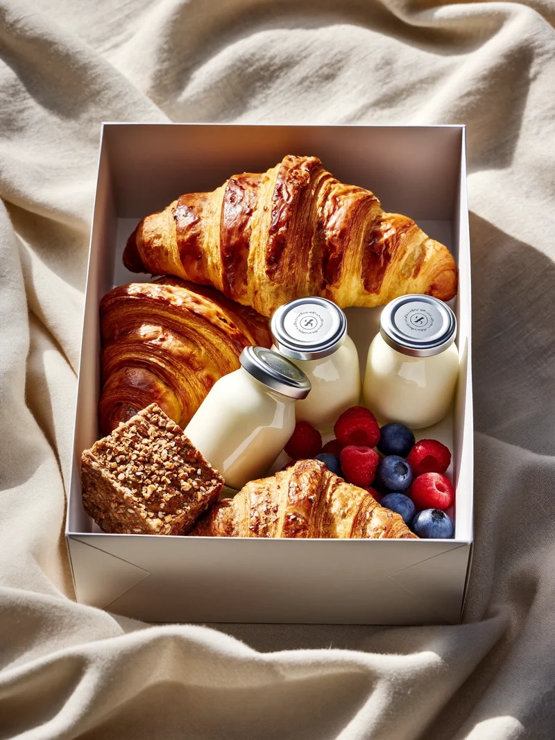 Morgenmadsboks med croissanter, rugbrød, bær og yoghurtglas på lyst linned